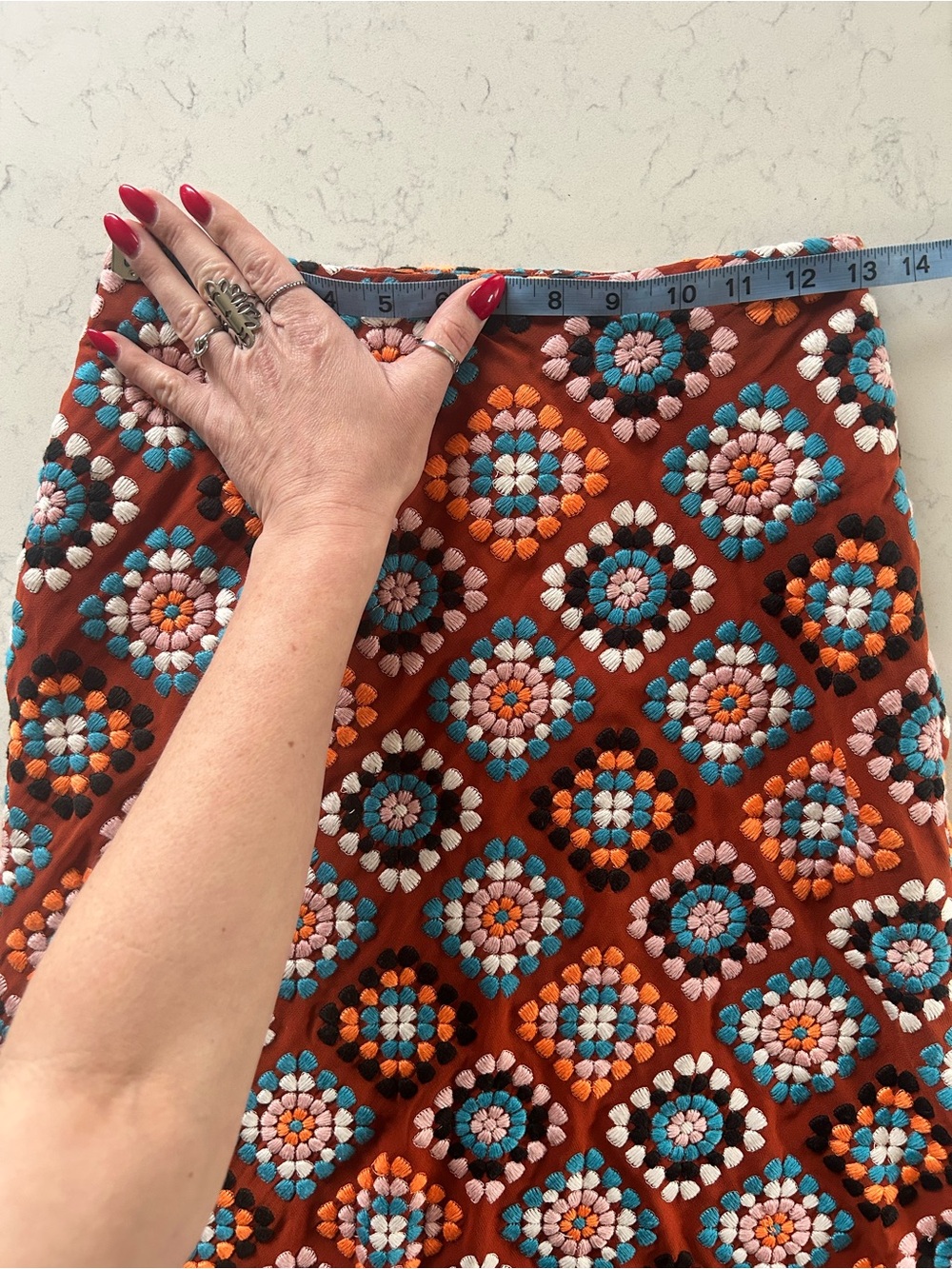 Anthropologie Rust & Boho Tile Embroidered Granny Square Midi Skirt - Picture 8 of 11